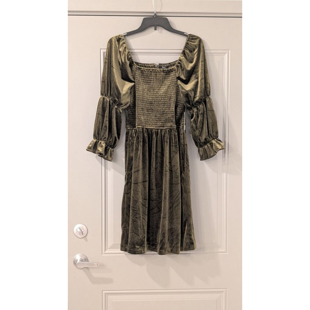 Women's Tahari ASL Olive Velvet Smocked Puff Sleeve Mini Dress Size 6